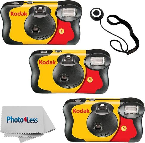 كاميرا Kodak Fun Saver للاستخدام الفردي / 27 لفة خبرة - الكمية 3 + حامل غطاء العدسة + قطعة قماش in Kuwait