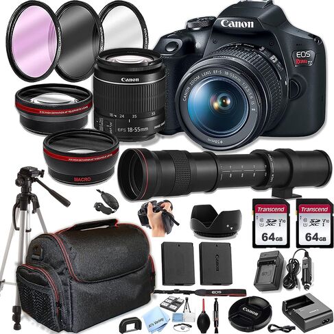 كاميرا Canon EOS Rebel T7 DSLR مع عدسة تكبير 18-55 مم F/3.5-5.6 مع عدسة تكبير EF-S + عدسة مقربة فائقة مقاس 420-800 مم + ذاكرة سعة 128 جيجابايت، وحقيبة، وحامل ثلاثي القوائم، وبطارية احتياطية - حزمة ملحقات صور احترافية in Saudi Arabia