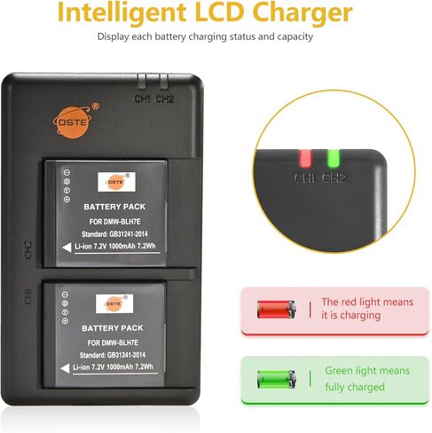 حزمة بطارية ليثيوم DSTE 7.2 فولت 1000 مللي أمبير DMW-BLH7E (عبوتين) وشاحن مزدوج متوافق مع الكاميرا الرقمية باناسونيك DMW-BLH7 DMW-BLH7PP DMW-BLH7GK وLumix DMC-GM1KD DMC-GM1KEB DMC-GM1KK in Kuwait