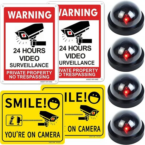 كاميرات مراقبة وهمية، تتضمن 4 كاميرات اضاءة LED وامضة وهمية، 2 لافتة تحذير معدنية للمراقبة سي سي تي في، 2 ملصق كاميرا سمايل يو ار اون - رائعة للبناء والمنزل والمكاتب في الداخل والخارج in Kuwait