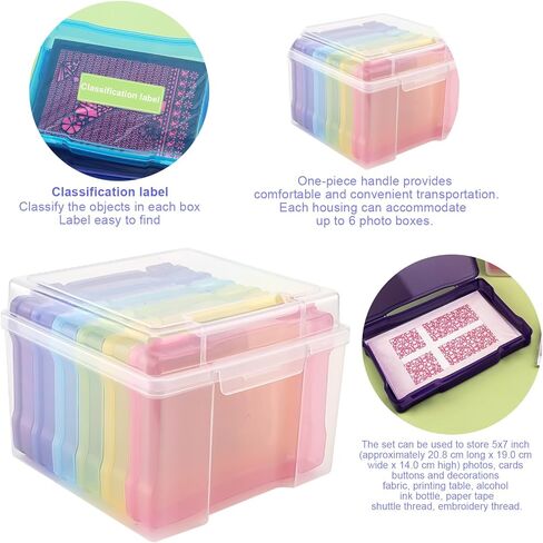 HOMURY Colorful Plastic Photo Storage Box 5 x 7 Photo Storage Container with 6 Inner Cases Colorful Plastic Picture Storage Box, Portable Photo Case with Label Sticker for Photo, Card, Stamp, Sticker in Kuwait