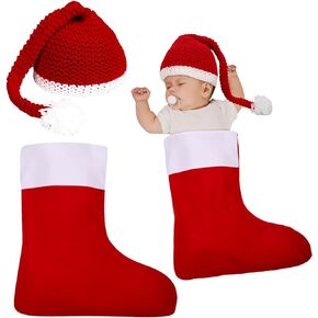 Hoosige 2 Pcs Christmas Newborn Photography Props Christmas Stocking Sleeping Bag and Santa Knitted Hat Long Tail Crochet Hat Knit Stocking Cap for Newborn Xmas Outfit Photo Shooting in Kuwait