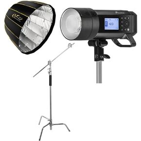 Flashpoint XPLOR 600PRO TTL Monolight الذي يعمل بالبطارية، Glow EZ Lock Deep Parabolic Quick Softbox 28in، Flashpoint Century Light Stand على مجموعة قاعدة السلحفاة مع ذراع قبضة 40in، 2 رؤوس Gobo، دبوس أطفال، كروم in Kuwait