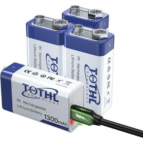 9V Rechargeable Batteries,9V Lithium Battery High Capacity 1300mAh(11700mAh),with 2 in 1 USB Charging Cable for Smoke Alarms, Multimeters, Microphones, Toys,Guitar and More (2 Count)