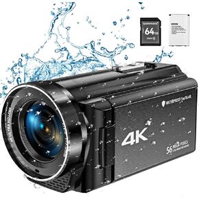 كاميرا فيديو SPPRANDOM بدقة 4K فائقة الدقة بدقة 56 ميجابكسل و30 إطارًا في الثانية، كاميرا تسجيل فيديو لليوتيوب، كاميرا تكبير رقمي 18X تحت الماء، كاميرا فيديو مقاومة للماء بطول 16.4 قدم مع بطارية 3400 مللي أمبير في الساعة، شاحن، بطاقة SD سعة 64 جيجابايت in Kuwait