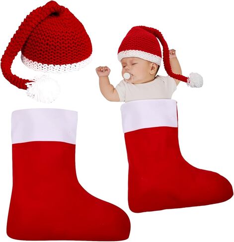Hoosige 2 Pcs Christmas Newborn Photography Props Christmas Stocking Sleeping Bag and Santa Knitted Hat Long Tail Crochet Hat Knit Stocking Cap for Newborn Xmas Outfit Photo Shooting in Kuwait