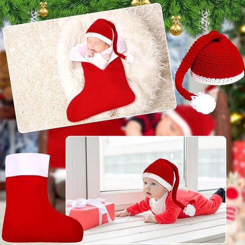 Hoosige 2 Pcs Christmas Newborn Photography Props Christmas Stocking Sleeping Bag and Santa Knitted Hat Long Tail Crochet Hat Knit Stocking Cap for Newborn Xmas Outfit Photo Shooting in Kuwait
