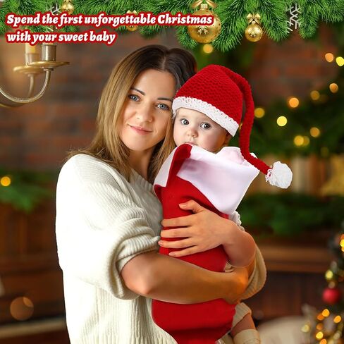 Hoosige 2 Pcs Christmas Newborn Photography Props Christmas Stocking Sleeping Bag and Santa Knitted Hat Long Tail Crochet Hat Knit Stocking Cap for Newborn Xmas Outfit Photo Shooting in Kuwait