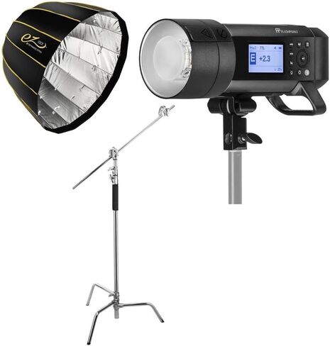 Flashpoint XPLOR 600PRO TTL Monolight الذي يعمل بالبطارية، Glow EZ Lock Deep Parabolic Quick Softbox 28in، Flashpoint Century Light Stand على مجموعة قاعدة السلحفاة مع ذراع قبضة 40in، 2 رؤوس Gobo، دبوس أطفال، كروم in Kuwait