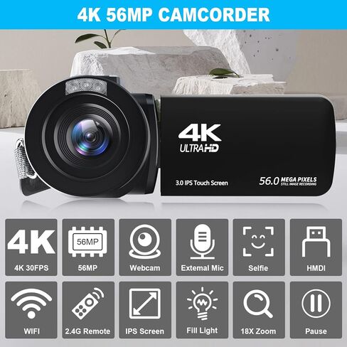 كاميرا فيديو WIKICO 4K كاميرا فيديو بدقة 56 ميجابكسل UHD WiFi لليوتيوب، تقريب رقمي 18X ومسجل شاشة تعمل باللمس مع ميكروفون، مثبت محمول، غطاء عدسة، جهاز تحكم عن بعد، بطاريتين in Kuwait