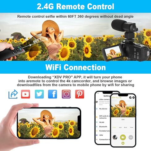 كاميرا فيديو WIKICO 4K كاميرا فيديو بدقة 56 ميجابكسل UHD WiFi لليوتيوب، تقريب رقمي 18X ومسجل شاشة تعمل باللمس مع ميكروفون، مثبت محمول، غطاء عدسة، جهاز تحكم عن بعد، بطاريتين in Kuwait