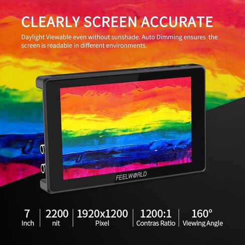 شاشة FEELWORLD SH7 مقاس 7 بوصة 2200nit فائقة السطوع للكاميرا DSLR تدعم التحويل SDI HDMI والتحويل المتقاطع والإخراج ثلاثي الأبعاد LUT مع شكل موجة اللمس F970 ومجموعة الطاقة in Kuwait