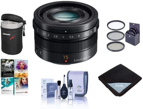 باناسونيك Lumix G Leica DG Summilux عدسة 15 مم f/1.7 Asph لـ Micro Four Thirds، أسود، حزمة مع طقم فلتر 46 مم، طقم فلتر ProOptic 46 مم، حقيبة عدسة، طقم تنظيف، غلاف عدسة، مجموعة برامج in Saudi Arabia