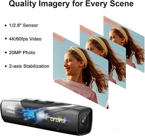 ORDRO EP8 4K Camcorder 60FPS Vlog Hands Free Wearable Camera, Head-Mounted Video Camera for Vlog, Auto Focus, Wi-Fi APP Control, 2-Axis Gimbal Stabilizer with Fast Charger & Remote Control in Kuwait