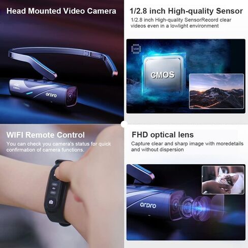 ORDRO EP8 4K Camcorder 60FPS Vlog Hands Free Wearable Camera, Head-Mounted Video Camera for Vlog, Auto Focus, Wi-Fi APP Control, 2-Axis Gimbal Stabilizer with Fast Charger & Remote Control in Kuwait
