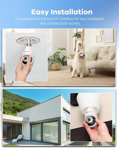 SEHMUA Full HD 3MP Light Bulb Security Camera 360°, 5G & 2.4GHz WiFi Security Cameras Outdoor Indoor, Color Night Vision, Motion & Auto Tracking, SD&Cloud Storage, IP65 Compatible with Alexa in Kuwait