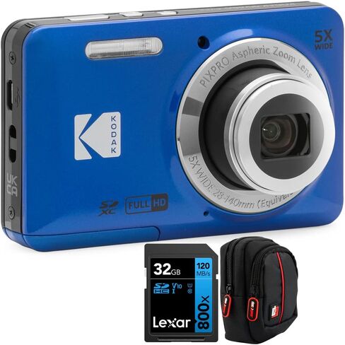 Kodak PIXPRO FZ55 Digital Camera, Blue Bundle with Lexar 32GB High-Performance 800x UHS-I SDHC Memory Card + Deco Photo Point and Shoot Field Bag Camera Case in Saudi Arabia