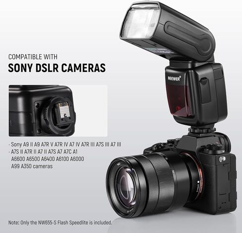 NEEWER NW655-S TTL Flash Speedlite متوافق مع كاميرات Sony، GN60 2.4G HSS 1/8000s Speedlight، 230 ومضة طاقة كاملة، إعادة التدوير في 0.1-2.6 ثانية، بطاريات AA تعمل (غير متضمنة) in Kuwait