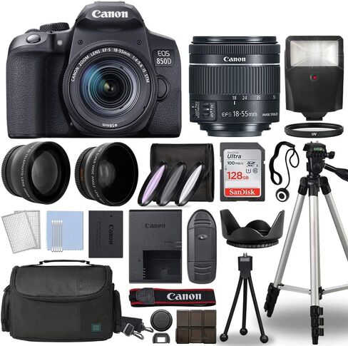Canon-International, EOS 850D Rebel T8i Digital SLR Camera 18-55mm Lens 3 Lens DSLR Kit with Complete Accessory Bundle 128GB - International Model (Renewed) in Saudi Arabia