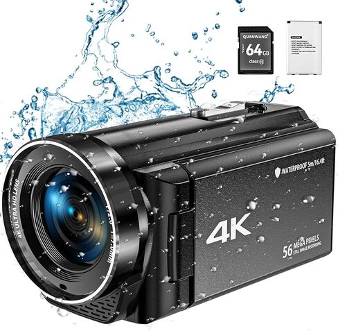 كاميرا فيديو SPPRANDOM بدقة 4K فائقة الدقة بدقة 56 ميجابكسل و30 إطارًا في الثانية، كاميرا تسجيل فيديو لليوتيوب، كاميرا تكبير رقمي 18X تحت الماء، كاميرا فيديو مقاومة للماء بطول 16.4 قدم مع بطارية 3400 مللي أمبير في الساعة، شاحن، بطاقة SD سعة 64 جيجابايت in Kuwait