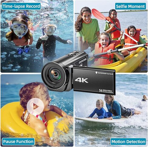 كاميرا فيديو SPPRANDOM بدقة 4K فائقة الدقة بدقة 56 ميجابكسل و30 إطارًا في الثانية، كاميرا تسجيل فيديو لليوتيوب، كاميرا تكبير رقمي 18X تحت الماء، كاميرا فيديو مقاومة للماء بطول 16.4 قدم مع بطارية 3400 مللي أمبير في الساعة، شاحن، بطاقة SD سعة 64 جيجابايت in Kuwait