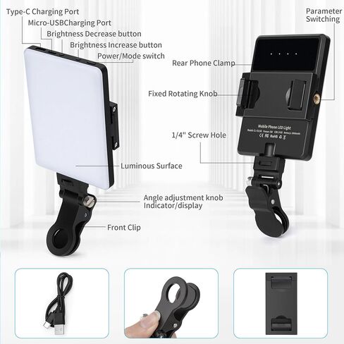 Bonvvie Rechargeable LED Selfie Light with Front/Back Phone Clip, Phone Light for iPhone Android iPad Tablet Laptop, Bi-Color Photography Camera Lighting for Makeup TikTok Selfie Vlog Video Conference in Saudi Arabia