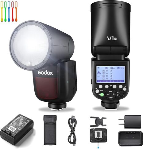 مجموعة فلاش Godox V1 لكاميرا نيكون، Godox V1-N Round Head Speedlight مع بطارية 2X Godox VB26 وحذاء ساخن للصور والمناسبات والسفر والتصوير الفوتوغرافي لحفلات الزفاف in Kuwait