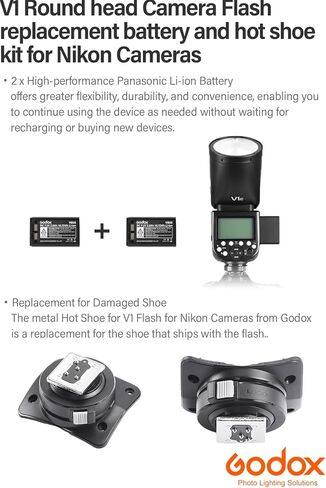 مجموعة فلاش Godox V1 لكاميرا نيكون، Godox V1-N Round Head Speedlight مع بطارية 2X Godox VB26 وحذاء ساخن للصور والمناسبات والسفر والتصوير الفوتوغرافي لحفلات الزفاف in Kuwait