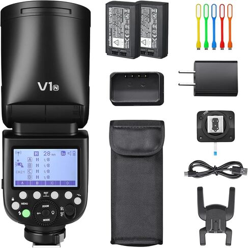 مجموعة فلاش Godox V1 لكاميرا نيكون، Godox V1-N Round Head Speedlight مع بطارية 2X Godox VB26 وحذاء ساخن للصور والمناسبات والسفر والتصوير الفوتوغرافي لحفلات الزفاف in Kuwait
