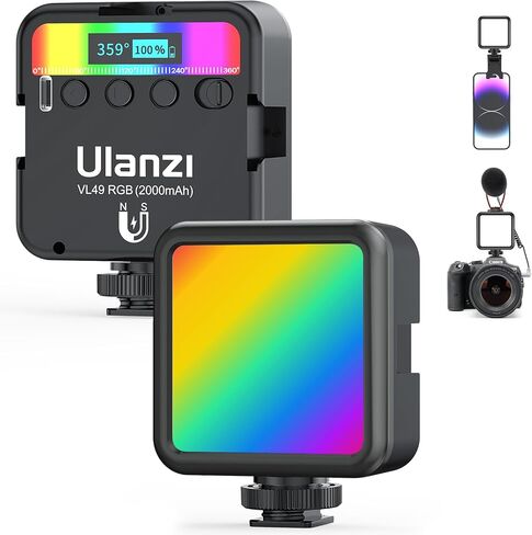 VL49 RGB Video Light مع 3 أحذية باردة، كاميرا LED صغيرة قابلة لإعادة الشحن 360 درجة لون إضاءة تصوير محمولة تدعم الجذب المغناطيسي، 2500-9000K مصباح لوحة عاكس للضوء يدعم الجذب المغناطيسي in Kuwait