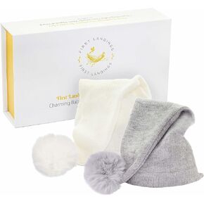 قبعات أطفال حديثي الولادة من صوف الكشمير من First Landings (عبوة من قطعتين) مجموعة هدايا قبعات أطفال فائقة النعومة - قبعة أطفال طويلة رائعة مع كرات بوم بومس - دعامات تصوير لحديثي الولادة باللون الأبيض والرمادي in Kuwait