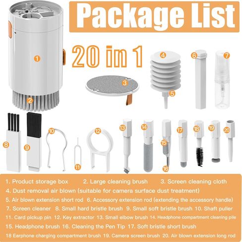 مجموعة التنظيف الإلكترونية 20 في 1، مجموعة تنظيف الكمبيوتر المحمول لشاشة الكمبيوتر للهاتف، مجموعة تنظيف لوحة المفاتيح للكاميرا Airpod MacBook iPad، مجموعة تنظيف الهاتف مع رذاذ وقماش من الألياف الدقيقة in Kuwait
