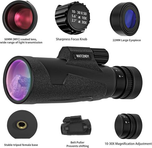 تلسكوب أحادي العين عالي القوة 10-30X50 للبالغين مع محول الهاتف الذكي، حامل ثلاثي القوائم، حقيبة منظمة، نطاقات تحديد لمشاهدة الطيور والمشي لمسافات طويلة ومشاهدة الحياة البرية in Kuwait