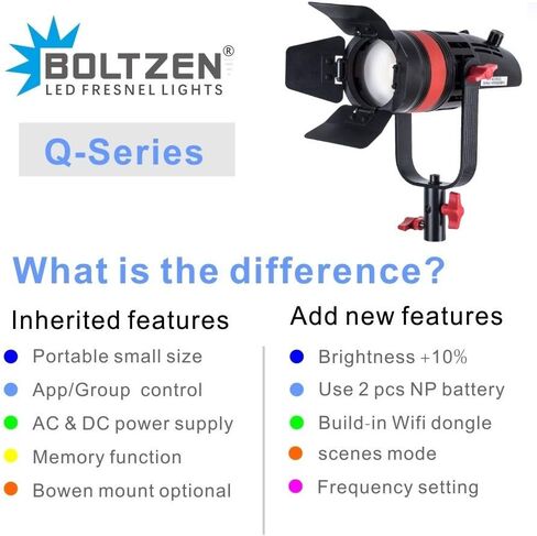 Came-TV Boltzen 55W COB Q-55S Fresnel Focusable Led Video Light,Bi-Color 3200K-5600K CRI96+TLCI97+Lighting Effects Foucsing Light with Filter Set Removable Barn-Door Carry Bag in Kuwait