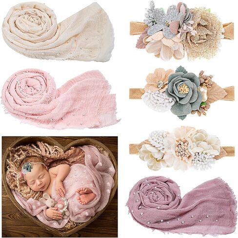 Preboun 6 Pcs 35.4 x 66.9 Inches Photography Props Wrap Knit Pearl Decor Wrap Blanket Swaddle Baby Photoshoot Props 3 Pcs Flower Newborn Headbands for Girls 3 Pcs Newborn Photography Wraps, 3 Colors in Saudi Arabia