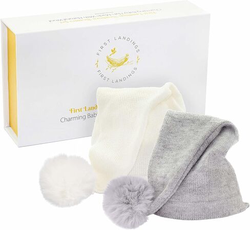 قبعات أطفال حديثي الولادة من صوف الكشمير من First Landings (عبوة من قطعتين) مجموعة هدايا قبعات أطفال فائقة النعومة - قبعة أطفال طويلة رائعة مع كرات بوم بومس - دعامات تصوير لحديثي الولادة باللون الأبيض والرمادي in Kuwait