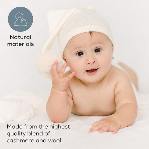 قبعات أطفال حديثي الولادة من صوف الكشمير من First Landings (عبوة من قطعتين) مجموعة هدايا قبعات أطفال فائقة النعومة - قبعة أطفال طويلة رائعة مع كرات بوم بومس - دعامات تصوير لحديثي الولادة باللون الأبيض والرمادي in Kuwait