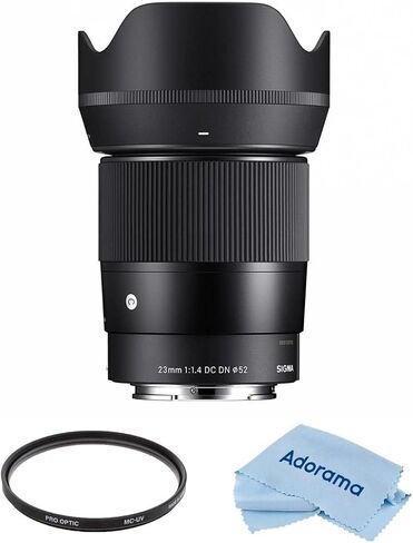 عدسة سيجما 23 مم f/1.4 DC DN المعاصرة لحزمة Sony E مع فلتر للأشعة فوق البنفسجية متعدد الطبقات مقاس 52 مم، وقماش تنظيف من الألياف الدقيقة in Saudi Arabia
