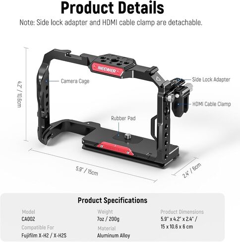NEEWER X-H2/X-H2S Camera Cage Compatible with FUJIFILM X-H2/X-H2S, Aluminum Alloy Camera Rig with HDMI Cable Clamp/NATO Rails/Arca Type QR Base for Quick Switch Compatible with DJI Stabilizers, CA002 in Saudi Arabia