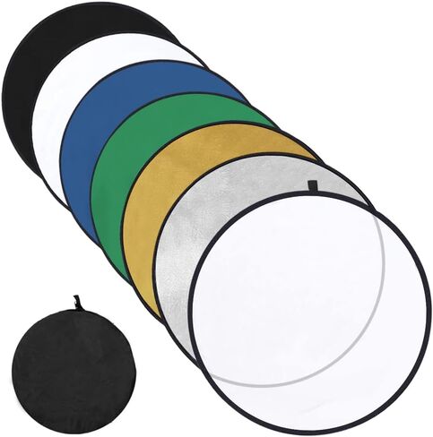 عاكس ضوئي 43 انش/110 سم 7 في 1، عاكس اضاءة للتصوير الفوتوغرافي قابل للطي متعدد الاقراص مع شنطة للتصوير الفوتوغرافي في الهواء الطلق، شفاف/فضي/ذهبي/ابيض/اسود/اخضر/ازرق in Kuwait