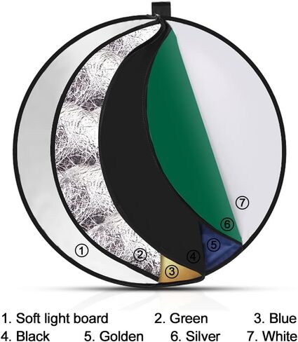 عاكس ضوئي 43 انش/110 سم 7 في 1، عاكس اضاءة للتصوير الفوتوغرافي قابل للطي متعدد الاقراص مع شنطة للتصوير الفوتوغرافي في الهواء الطلق، شفاف/فضي/ذهبي/ابيض/اسود/اخضر/ازرق in Kuwait