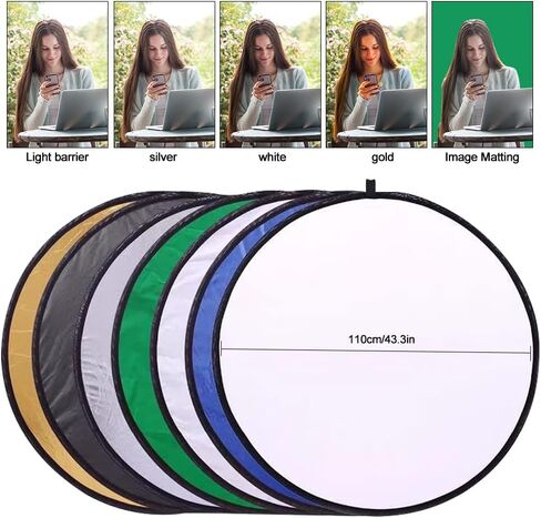 عاكس ضوئي 43 انش/110 سم 7 في 1، عاكس اضاءة للتصوير الفوتوغرافي قابل للطي متعدد الاقراص مع شنطة للتصوير الفوتوغرافي في الهواء الطلق، شفاف/فضي/ذهبي/ابيض/اسود/اخضر/ازرق in Kuwait