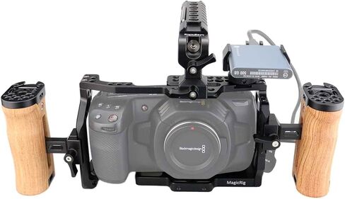 مجموعة أفلام قفص الكاميرا MAGICRIG مع مقبض علوي من الناتو بمقبض جانبي خشبي مزدوج ومشبك كابل HDMI T5 / T7 SSD حامل تثبيت 15 مم مشبك قضيب واحد لـ BMPCC 4K و6K - 531 in Kuwait