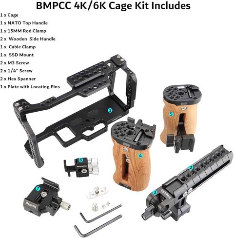 مجموعة أفلام قفص الكاميرا MAGICRIG مع مقبض علوي من الناتو بمقبض جانبي خشبي مزدوج ومشبك كابل HDMI T5 / T7 SSD حامل تثبيت 15 مم مشبك قضيب واحد لـ BMPCC 4K و6K - 531 in Kuwait