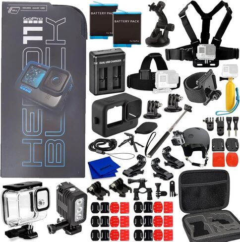 كاميرا GoPro HERO11 (Hero 11) باللون الأسود - كاميرا أكشن مقاومة للماء مع فيديو بدقة 5.3K Ultra HD، وصور بدقة 27 ميجابكسل، ومستشعر صور مقاس 1/1.9 بوصة، وبث مباشر، وكاميرا ويب + حزمة مكونة من 50 قطعة مع بطاريتين إضافيتين وشاحن in Kuwait