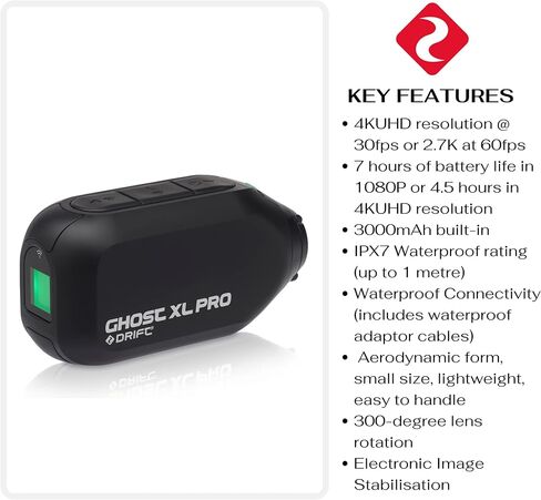 Drift Ghost XL Pro - كاميرا أكشن 4K، تثبيت الصورة، مقاومة للماء، عدسة قابلة للدوران، وضع Dashcam، بث مباشر، وضع الاستنساخ، عمر بطارية 7 ساعات عند 1080P وعمر بطارية 4.5 ساعة عند 4K (XL Pro) in Kuwait