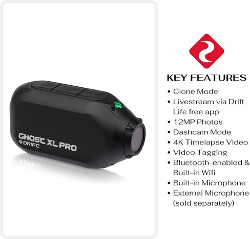 Drift Ghost XL Pro - كاميرا أكشن 4K، تثبيت الصورة، مقاومة للماء، عدسة قابلة للدوران، وضع Dashcam، بث مباشر، وضع الاستنساخ، عمر بطارية 7 ساعات عند 1080P وعمر بطارية 4.5 ساعة عند 4K (XL Pro) in Kuwait