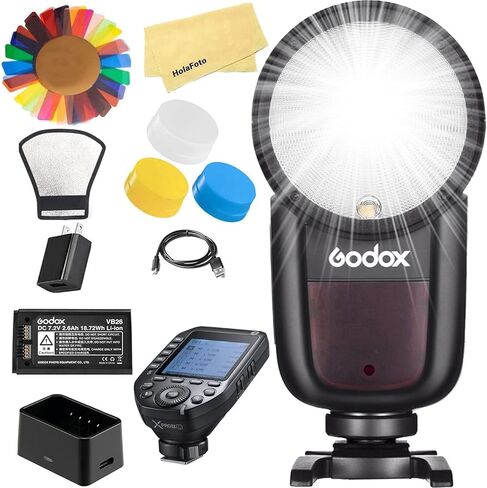 فلاش كاميرا Godox V1 V1-C V1C مستدير الرأس ومشغل Godox XProII-C لكاميرا Canon، 76Ws 2.4G TTL1/8000 HSS، 480 لقطة طاقة كاملة، وقت إعادة التدوير 1.5 ثانية، بطارية ليثيوم أيون 2600 مللي أمبير في الساعة، 10 مستويات مصباح LED للنمذجة in Kuwait