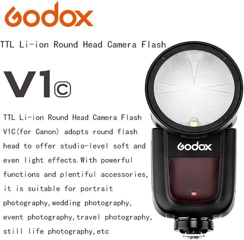 فلاش كاميرا Godox V1 V1-C V1C مستدير الرأس ومشغل Godox XProII-C لكاميرا Canon، 76Ws 2.4G TTL1/8000 HSS، 480 لقطة طاقة كاملة، وقت إعادة التدوير 1.5 ثانية، بطارية ليثيوم أيون 2600 مللي أمبير في الساعة، 10 مستويات مصباح LED للنمذجة in Kuwait