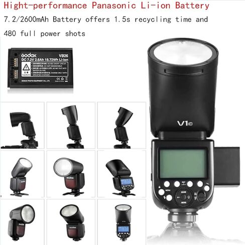 فلاش كاميرا Godox V1 V1-C V1C مستدير الرأس ومشغل Godox XProII-C لكاميرا Canon، 76Ws 2.4G TTL1/8000 HSS، 480 لقطة طاقة كاملة، وقت إعادة التدوير 1.5 ثانية، بطارية ليثيوم أيون 2600 مللي أمبير في الساعة، 10 مستويات مصباح LED للنمذجة in Kuwait